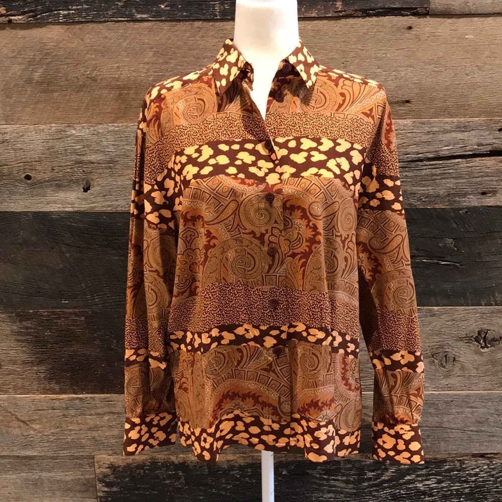Escada Brown and Tangerine Button Closure Blouse